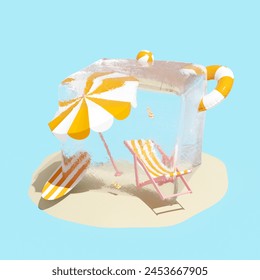 Refreshing summer vacation concept. Beach chair, umbrella and beach accessories frozen in an ice cube. Creative tropical background for postcard, flyer, advertisements. 3D illustration, rendering. - Powered by Shutterstock