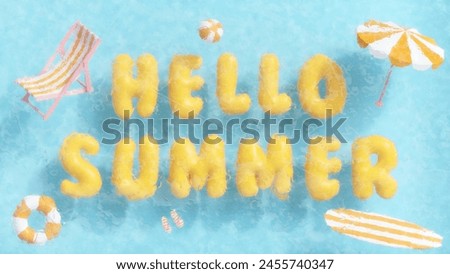 Refreshing summer vacation concept. Beach chair, umbrella and beach accessories frozen in an ice cube. Creative tropical background for postcard, flyer, advertisements. 3D illustration, rendering.