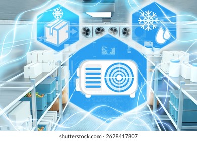 Refrigerated storage room with cooling system icons, boxes, and fresh produce on shelves, illustrating cold chain logistics and climate-controlled warehousing. – Warehouse. Logistics. 3d image