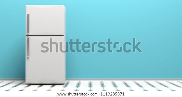 Refrigerator, fridge on kitchen tiled floor,\
blue wall background, copy space. 3d\
illustration