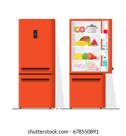 Refrigerator Illustration, Flat Cartoon Open And Closed Fridge, Refrigerator Full Of Food Isolated On White Clipart Image