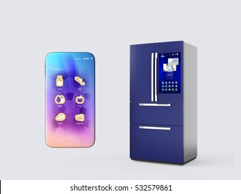 Refrigerator and smartphone isolated on gray background. Smart appliances concept. 3D rendering image.