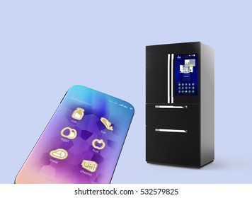 Refrigerator and smartphone isolated on light blue background. Smart appliances concept. 3D rendering image.