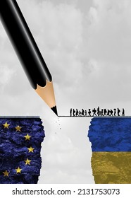 Refugee Admission. European Union And Ukraine. Refugee Problem And Crisis In The World. 3D Illustration. Ukraine And Russia War.