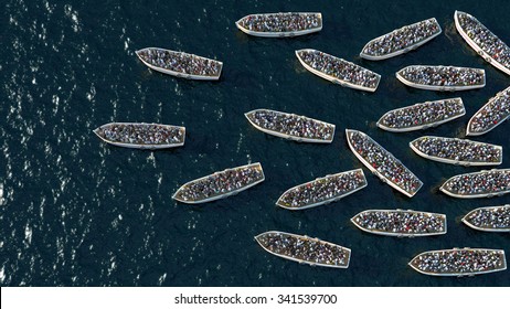 Refugees boat floating on the sea