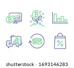 Refund commission, Bitcoin project and Bitcoin chart line icons set. Graph chart, Histogram and Shopping bag signs. Cashback card, Cryptocurrency startup, Cryptocurrency statistics.