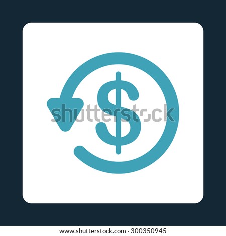 Refund icon. This flat rounded square button uses blue and white colors and isolated on a dark blue background.