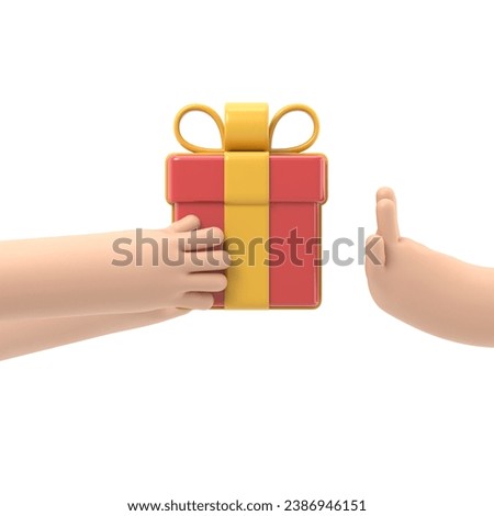 Refusal of gift. No corruption concept. Rejecting proposal. Man holding in hand gift box with ribbon. Gesture rejects the proposal. 3D rendering on white background.
