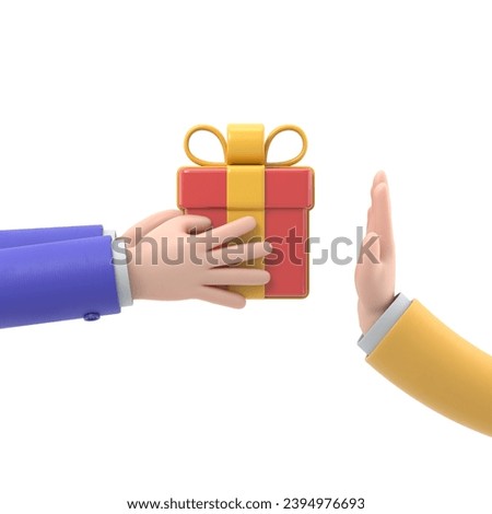 Refusal of gift. No corruption concept. Rejecting proposal. Man holding in hand gift box with ribbon. Gesture rejects the proposal. 3D rendering on white background.
