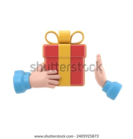 Refusal of gift. No corruption concept. Rejecting proposal. Man holding in hand gift box with ribbon. Gesture rejects the proposal. 3D rendering on white background.
