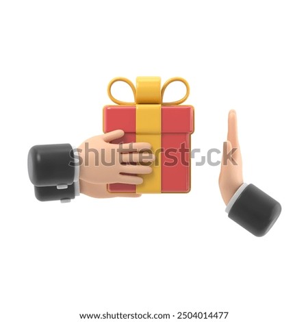 Refusal of gift. No corruption concept. Rejecting proposal. Man holding in hand gift box with ribbon. Gesture rejects the proposal. 3D rendering on white background.