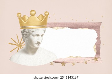 A regal female statue with a golden crown, set against a soft beige background. This elegant design features a blank space for text, perfect for invitations or announcements. - Powered by Shutterstock