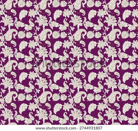 A regal two-tone pattern featuring elegant cream paisley motifs and blooming lilies on a rich plum-purple background. Detailed vines and foliage create a sophisticated, timeless textile aesthetic.