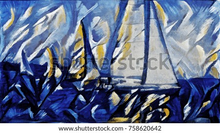 Regatta in open sea. Abstract art in bright blue colors in a contemporary style. Executed in oil on canvas.