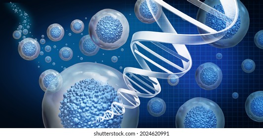 Regenerative medicine and therapeutic stem cell therapy to regrow damaged cells as treatment for disease for cellular treatment of injury or arthritis illness due to aging with 3D illustration.