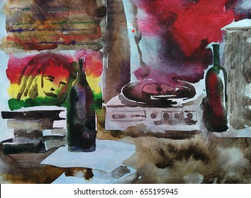 Reggae style interior, hand drawn watercolor illustration