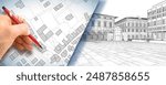 REGISTER BUILDINGS AT BUILDINGS CADASTRE for taxation - Land registry concept with an imaginary cadastral map of territory and old historic buildings - Planning a new city concept