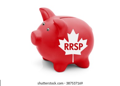 Registered Retirement Savings Plan In Canada, A Red Piggy Bank With A White Canadian Maple Leaf Flag And Text RRSP Isolated On White