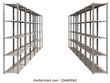 A Regular Assembled Metal Warehouse Shelving Unit On An Isolated Background