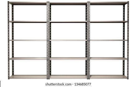 A Regular Assembled Metal Warehouse Shelving Unit On An Isolated Background