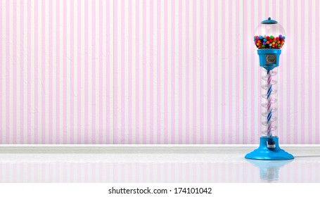 A Regular Blue Vintage Gumball Dispenser Machine Made Of Glass And Reflective Plastic With Multicolored Gumballs In A Retro Candy Store Background With Pink Striped Wallpaper Background