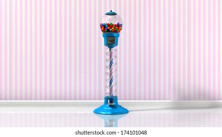 A Regular Blue Vintage Gumball Dispenser Machine Made Of Glass And Reflective Plastic With Multicolored Gumballs In A Retro Candy Store Background With Pink Striped Wallpaper Background