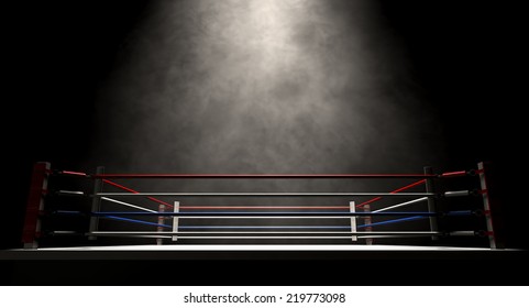 A regular boxing ring surrounded by ropes spotlit in the middle on an isolated dark background