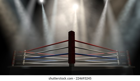 A Regular Boxing Ring Surrounded By Ropes Spotlit By Various Lights On An Isolated Dark Background