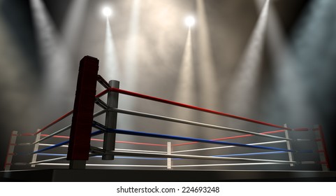 A Regular Boxing Ring Surrounded By Ropes Spotlit By Various Lights On An Isolated Dark Background