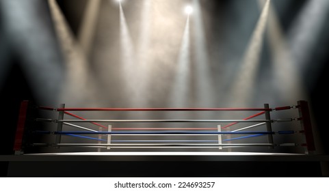 A regular boxing ring surrounded by ropes spotlit by various lights on an isolated dark background