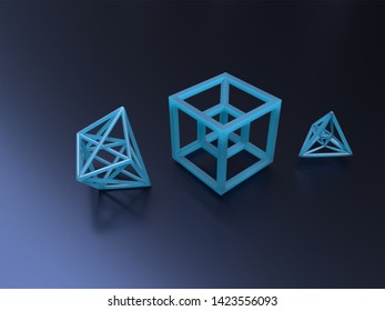 Regular convex 4D polytopes 3d models on a dark reflective background - Illustration