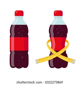 Regular And Diet Soda Bottles Illustration. Skinny Bottle With Measuring Tape. Sugar And Artificial Sweeteners In Drinks.