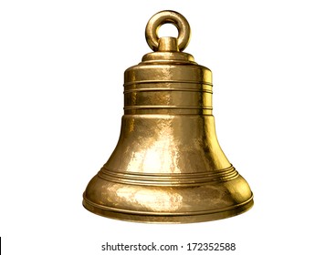 A Regular Gold Metal Church Bell On An Isolated White Background