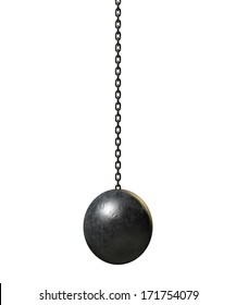 A regular metal wrecking ball attached to a chain on an isolated white background
