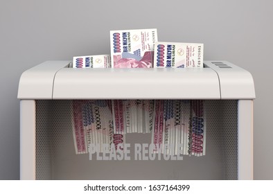 A regular office paper shredder in the process of shredding three turkish lira bank notes on an isolated background - 3D render