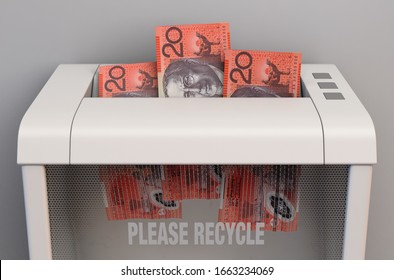 A regular office paper shredder in the process of shredding three australian dollar bank notes on an isolated background - 3D render