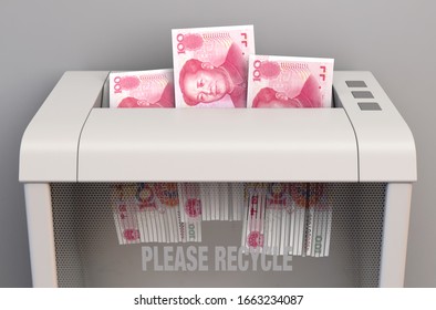 A regular office paper shredder in the process of shredding three china yuan bank notes on an isolated background - 3D render