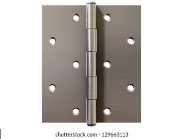 A Regular Open Brushed Metal Door Hinge On An Isolated Background