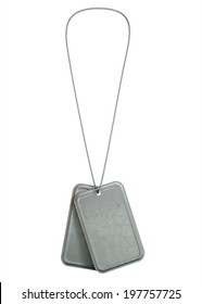 A Regular Set Of Blank Military Dog Tag Identity Tags Attached To A Chain Hanging On An Isolated Background