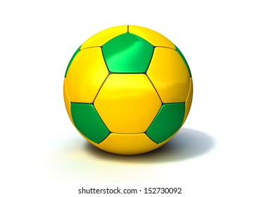 A regular stitched panel soccer ball in the iconic brazilian colors of green blue and yellow on an isolated white studio background