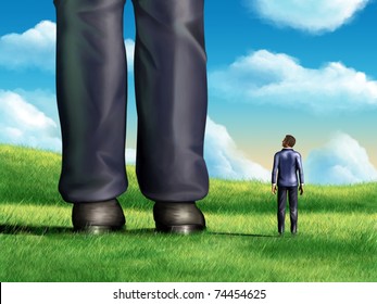 A regular-sized businessman is looking at the giant legs of a competitor. Digital illustration.