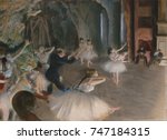 The Rehearsal Onstage, by Edgar Degas, 1874, French impressionist drawing, pastel on paper. In a second version of the rehearsal, Degas has eliminated several figures and created a less cluttered pict