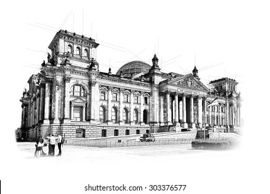 Reichstag Berlin like technical drawing artwork in monochrome. The German Parliament (Deutscher Bundestag), Reichstag Building is one of Germany's most famous sights.

