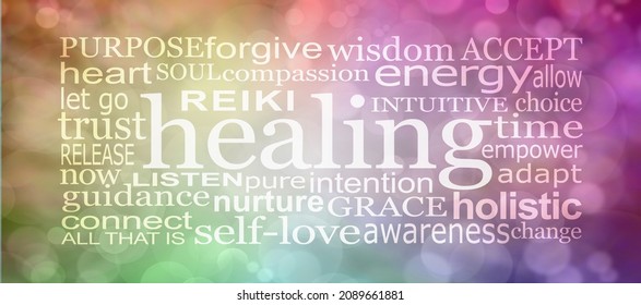 Reiki Healing Word Cloud Wall Art - multicoloured bokeh background with a REIKI healing tag cloud ideal for printing onto  canvas for a holistic therapy room
