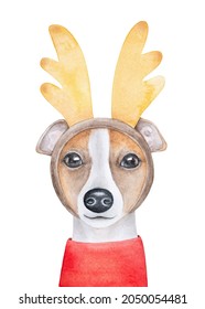 Reindeer Dog With Beautiful Golden Antlers And Bright Red Pullover. Hand Painted Water Color Graphic Drawing On White Background, Isolated Element For Design Decoration, Print, Christmas Card, Poster.