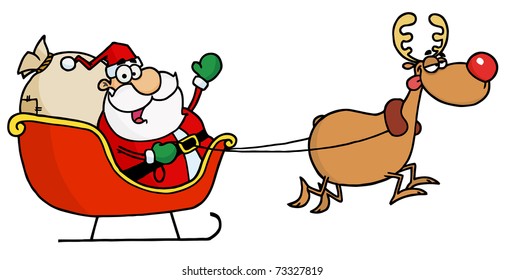 Reindeer Flying Kris Kringle In His Sleigh