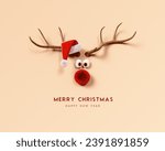 Reindeer with red nose and Santa hat on beige background. Christmas greeting card design with text. 3D Rendering, 3D Illustration, Hand made illustration