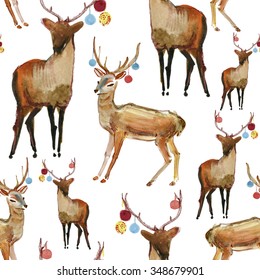 Reindeer Seamless Watercolor Background.