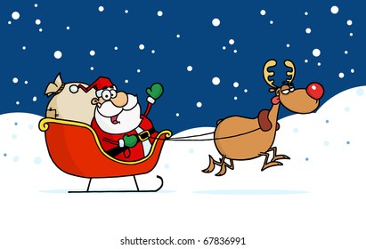 Reindeer Taking Off With Kris Kringle In His Sleigh In The Snow