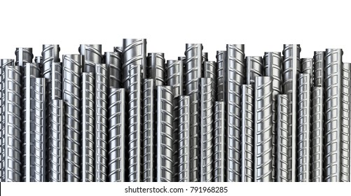 Reinforcements steel bars in row. Industrial background. Building armature. 3d illustration isolated on white.